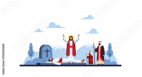 Jesus stands resurrected with arms raised beside his tomb, observed by two robed figures against a mountainous landscape.