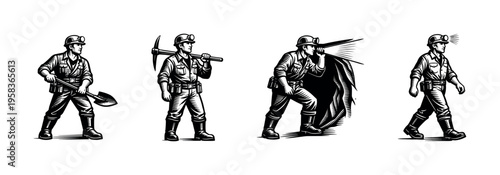 Vintage miner illustrations, black and white, worker silhouettes, vector art