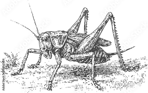 Detailed vintage illustration of a cricket insect standing on the ground with textured body and legs
