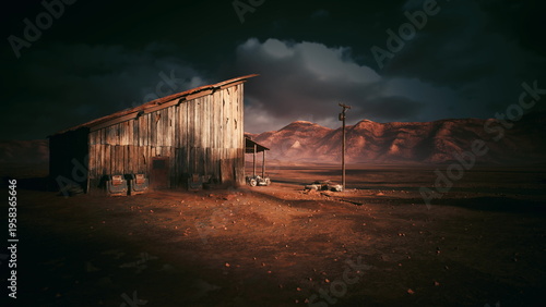 Obraz na plátně desert barn at dusk storm clouds cast dramatic shadows over weathered wooden sha