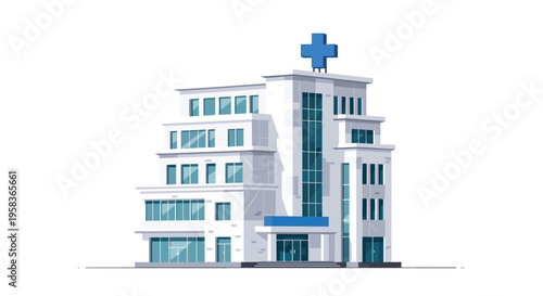 A modern, multi-story hospital building with a blue cross on its roof stands against a white background.