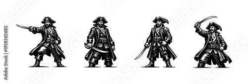 Illustration of pirate figures in black and white silhouette style with swords and pirate hats