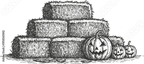 Stack of hay bales with carved halloween pumpkins autumn harvest and spooky fall decoration