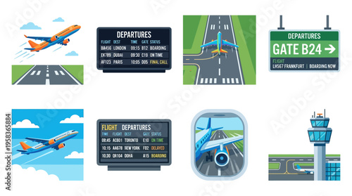 Vector illustrations of airplanes taking off on a runway with departure boards and a control tower in the background scenery.