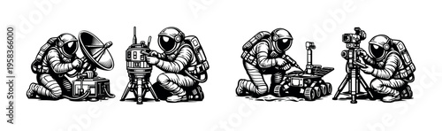 Black and white silhouette of astronauts operating space equipment and rover