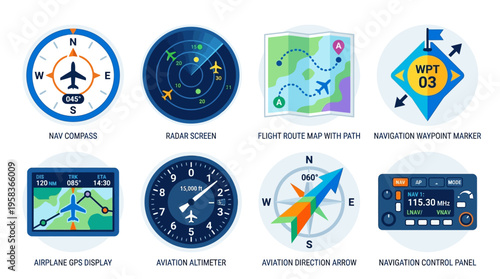 Vector graphics of various aviation navigation screens and controls on a flight deck display.