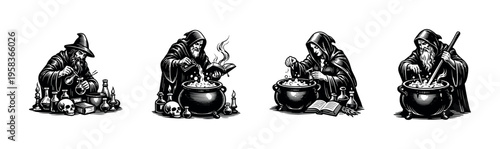 Wizards crafting potions in black and white illustration, silhouette style, magical theme