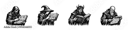 Wizards reading magic books, vector illustration, black and white, silhouette style
