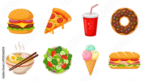A vector illustration of various food items arranged in two rows on a table indoors.