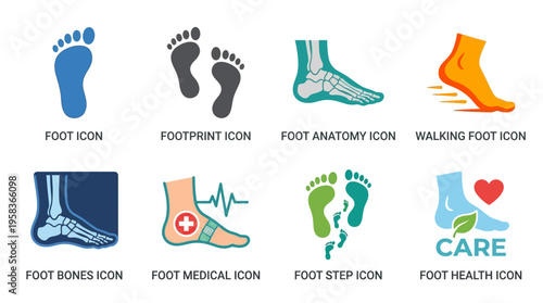 Foot care icons vector with various foot anatomy and health illustrations