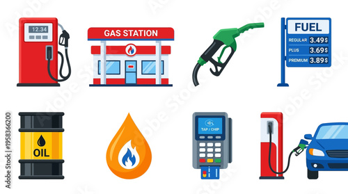 Vector illustration of a gas station with various fuel icons and a car refueling on a highway.