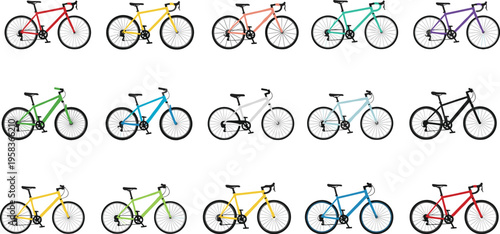 Colorful bicycle collection set vector illustration, different bike styles, modern cycling design, transportation concept, urban mobility, sport equipment variety