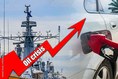 Oil crisis concept illustration: The image depicts an illustrative representation of an oil crisis, using a vehicle, ships, and an upward-trending arrow. 