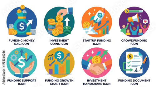 Vector illustrations of various funding icons including money bags, growth charts, and handshake symbols arranged in a colorful circular pattern.