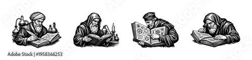 Monks and scholars reading ancient texts, black and white vector illustration, medieval theme