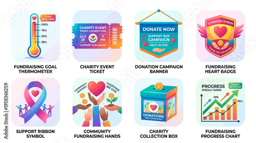 Vector icons illustrate charity fundraising campaign with support ribbon and community chest