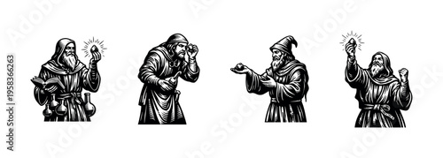 Black and white silhouette of medieval alchemists with tools illustrations