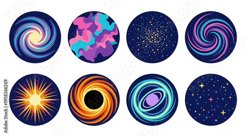 Vibrant vector swirls create colorful celestial illustrations of planets and stars in space.