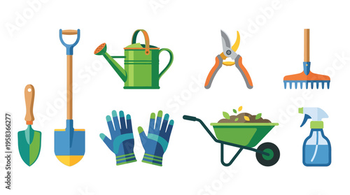 Gardening tools vector illustration set for landscaping and yard work including wheelbarrow and gloves on a farm.