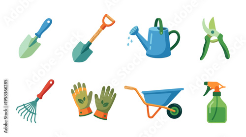 Gardening tools vector illustration shows a set of equipment for planting and maintaining a garden with a wheelbarrow and spray bottle.