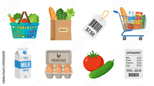 Shopping cart with fresh produce, eggs, milk, and vector graphics of food items on a supermarket receipt