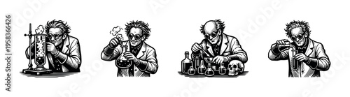 Vintage scientist characters with laboratory equipment in black and white illustration