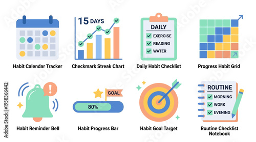 Vector graphic illustration of daily routine checklist with habit tracker and goal target icons on a modern interface