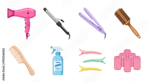 Vector illustration of various hair styling tools and accessories arranged neatly on a clean white background for beauty and lifestyle purposes.