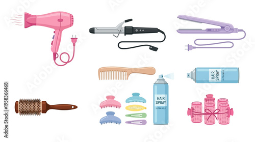 A vector illustration of various hair styling tools and accessories neatly arranged on a clean surface.