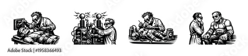 Mad scientist laboratory scene illustration, black and white vintage silhouette, vector art