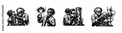 Retro black and white mad scientist illustrations, science experiment silhouette vector art