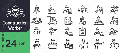 Construction worker icons set labour and building industry symbols