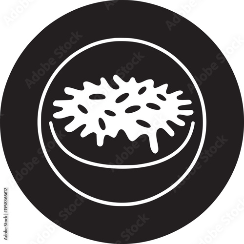 A black and white illustration of a petri dish with bacterial colonies inside a circular border design