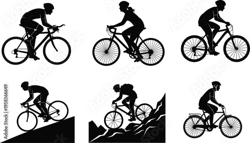 cycling silhouettes set, road mountain biking activities, cyclist riding collection, outdoor fitness sport illustration, active lifestyle concept, black vector design