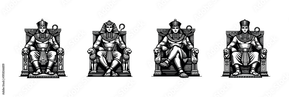 Fototapeta premium Ancient egyptian pharaoh sitting on throne vector illustration black and white silhouette
