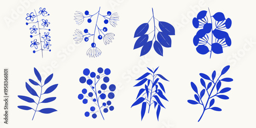 Blue botanical illustration featuring various leaf and floral arrangements
