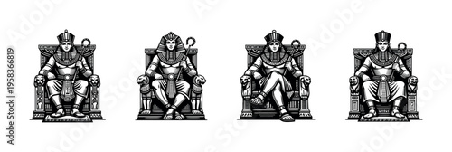 Ancient egyptian pharaoh sitting on throne vector illustration black and white silhouette