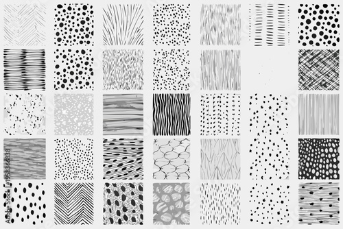 Collection of hand drawn black and white abstract patterns and textures