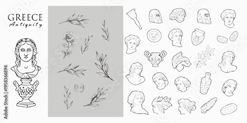 Ancient greek artifacts and floral elements in a sketched neutral palette