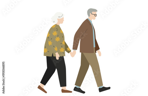 手をつないで仲良く散歩する老夫婦のシンプルなイラスト素材