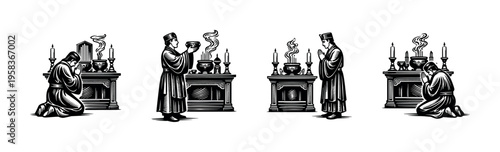 Traditional ritual scene with clerics performing ceremony at altar black and white vector illustration