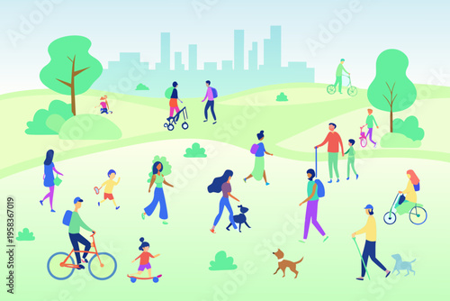 People enjoying a sunny day in a vibrant city park scene