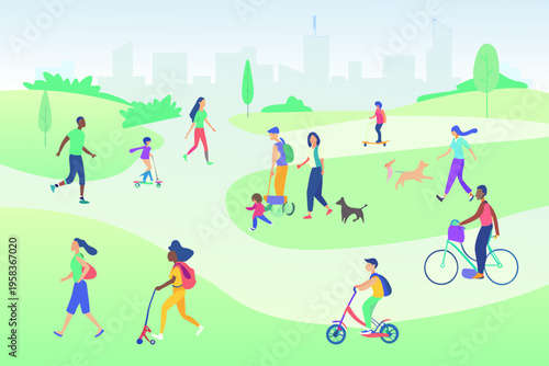 People enjoying recreational activities in a vibrant city park setting