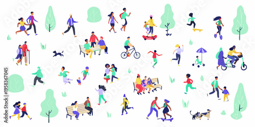 A diverse group of people enjoying outdoor activities in a park scene