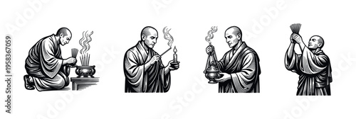 Monks performing rituals vector illustration set in black and white silhouette style