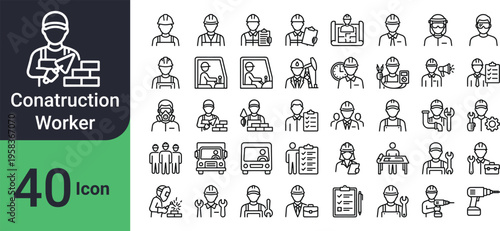 Construction worker icons set labour and building industry symbols