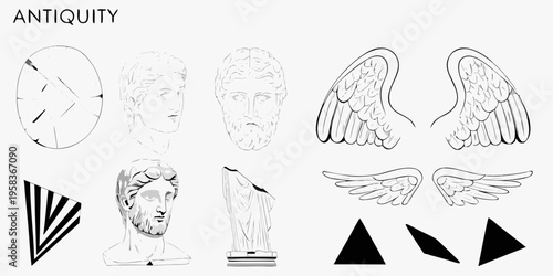 Collection of classical sculpture fragments and wing motifs in black and white