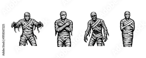 Vector illustration of mummy characters in silhouette style for halloween theme