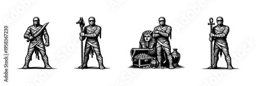 Black and white mummy silhouettes and egyptian elements vector illustration