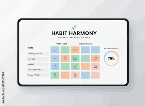 A business planner on a screen displays a habit harmony tracker with colorful blocks and a progress circle in a modern office setting.